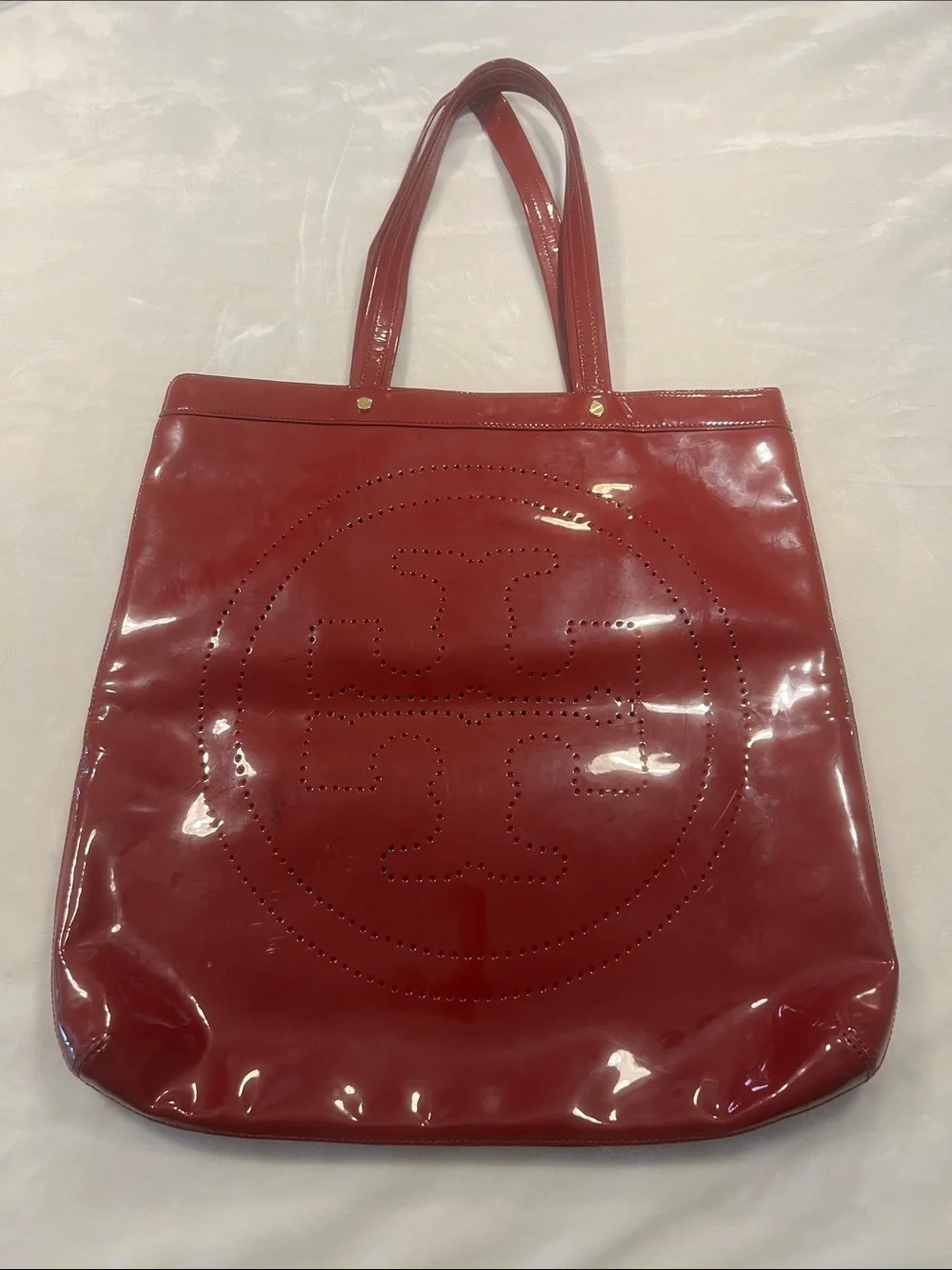 Tory Burch Red Patent Leather Perforated Logo Tote